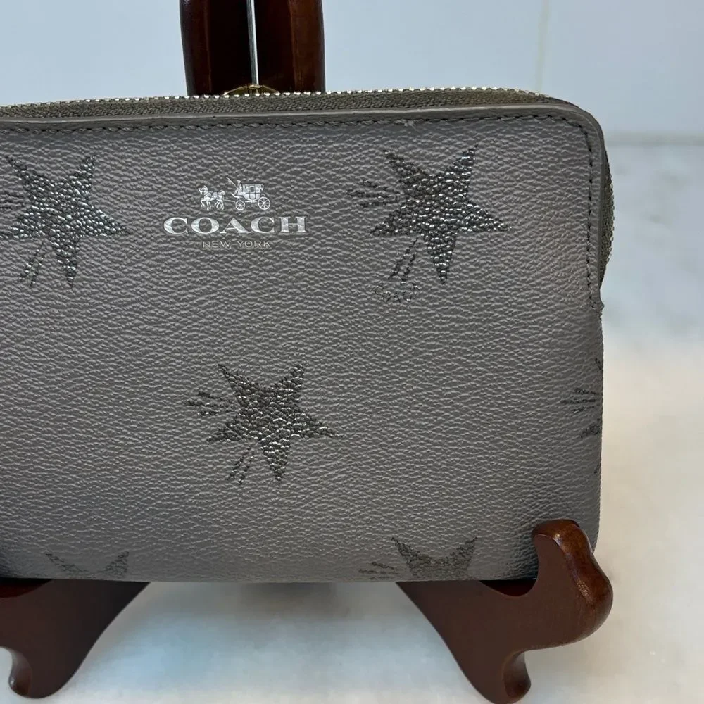 Coach Saffiano Leather Metallic Silver Star-Pattern Wristlet